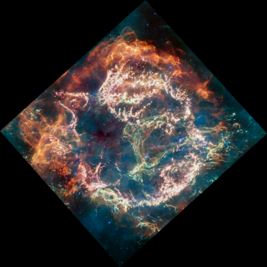 Cassiopeia A (Cas A) is a supernova remnant located about 11,000 light-years from Earth in the constellation Cassiopeia. It spans approximately 10 light-years. This new image uses data from Webb’s Mid-Infrared Instrument (MIRI) to reveal Cas A in a new light. Credits: NASA, ESA, CSA, D. D. Milisavljevic (Purdue), T. Temim (Princeton), I. De Looze (Ghent University). Image Processing: J. DePasquale (STScI).