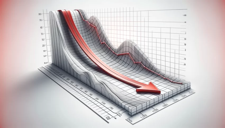 A professional life expectancy chart with a white background, featuring a large red arrow pointing downward against a grid of light grey lines, indicating a decline in life expectancy over time, with clear scales and labels for years and life expectancy values.