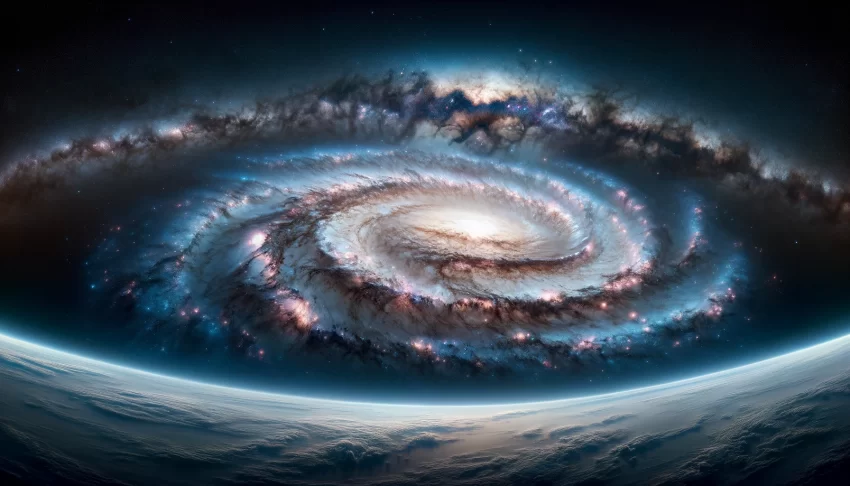 Alt Attribute: A panoramic view of the Milky Way galaxy, featuring its vast, spiraling arms glowing in shades of blue, white, and pink, set against the deep blackness of space dotted with distant stars and celestial bodies, capturing the galaxy's grandeur and complexity.