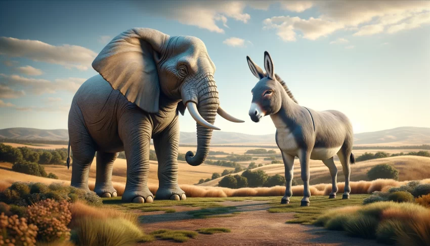 A realistic scene with a majestic elephant on the left and a determined donkey on the right, symbolizing the Republican and Democratic parties respectively, set against a backdrop of rolling hills and a clear sky.