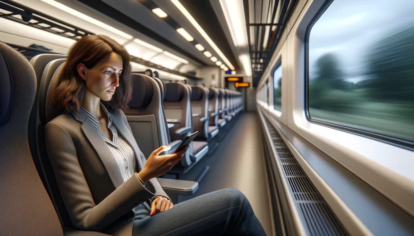 A realistic scene inside a train carriage, featuring a woman in her 30s with brown hair, dressed in business casual attire, sitting by the window and focused on her cell phone, with a blurred countryside view through the window.