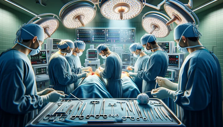 Alt Attribute: A realistic scene inside an operating room showing a team of surgeons in scrubs, masks, and gloves, focused on a surgical procedure on a patient, surrounded by advanced medical equipment, bright surgical lights, and monitors displaying vital signs, reflecting the complexity and precision of modern surgery.