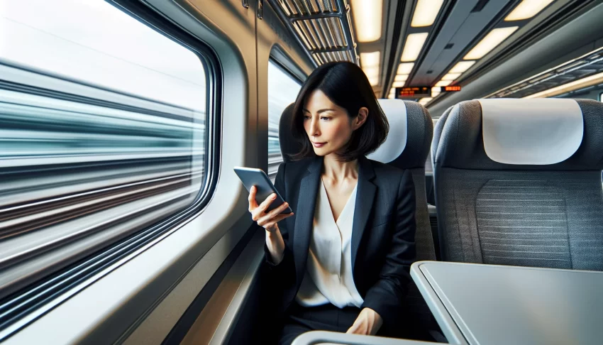Alt Attribute: A woman in her 30s with dark hair, wearing a business suit, sitting inside a modern Tokyo bullet train, looking intently at her smartphone, with a blurred landscape visible through the large windows.