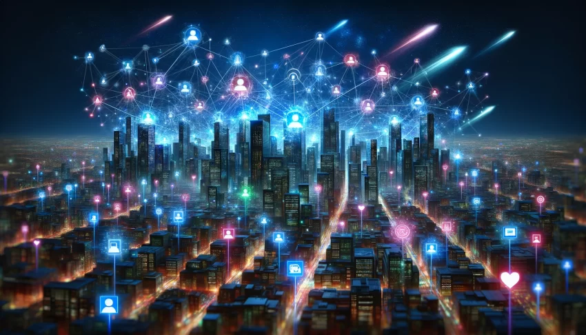Abstract digital cityscape at night representing a social network, with neon lights, interconnected skyscrapers, and digital data streams in the sky.