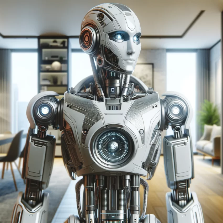 A detailed and futuristic robot in a home setting, occupying the center of the image. The robot sh.