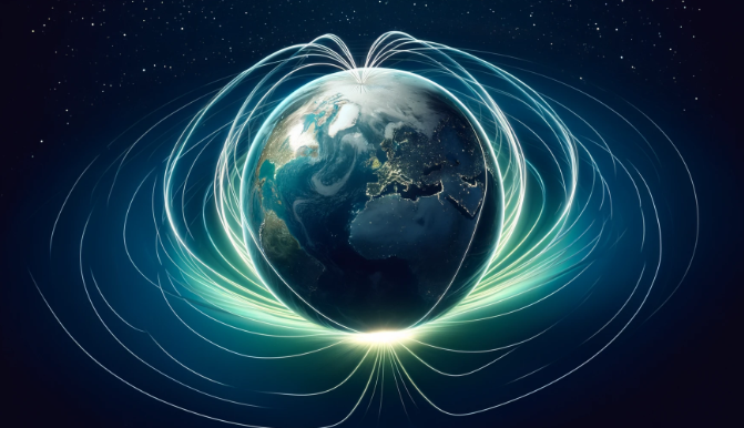 Realistic depiction of Earth's magnetosphere with glowing magnetic field lines in blue and green, Earth in the center showing continents and oceans, against a starry space background.