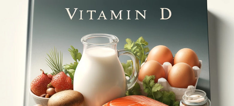 image featuring a beautifully arranged still life of foods rich in vitamin D, including salmon, eggs, fortified milk, and mushrooms.