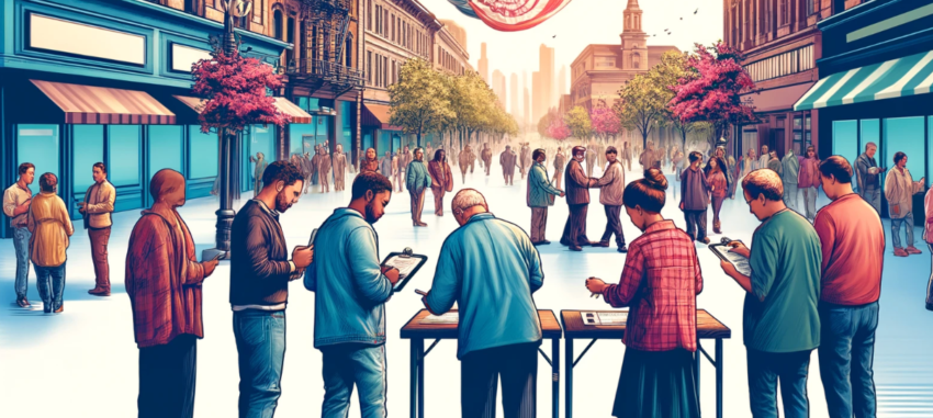 Here is the image of people taking a poll on a public street. It captures a diverse group of individuals interacting with poll workers in an urban setting.