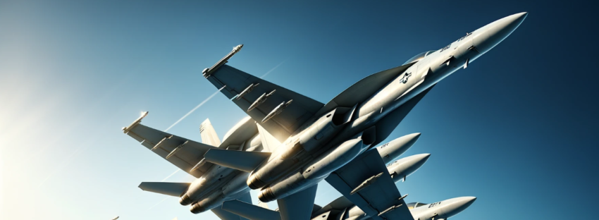 Image of four F-18 fighter jets flying in tight formation against a clear blue sky.