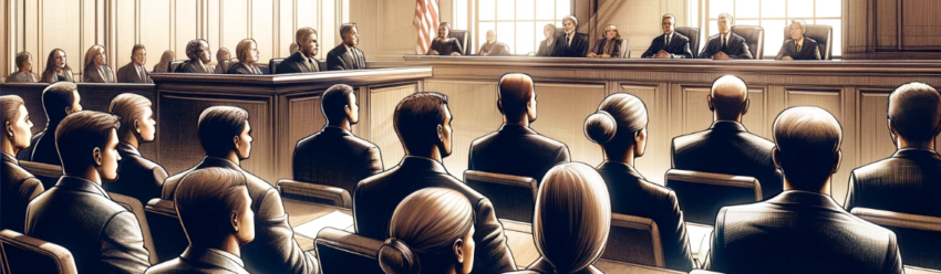 Here is the image of a jury in a courtroom, focusing on the jury box with a diverse group of jurors attentively following the proceedings.