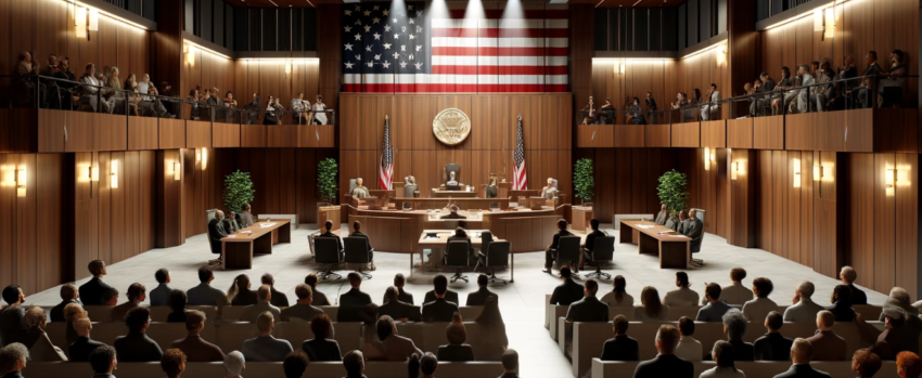 Image of a courtroom in the United States, designed in a contemporary American style with wood paneling and a large American flag.