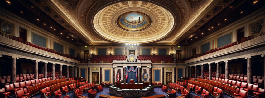 image of the US Senate chambers, designed to look like a realistic photograph.