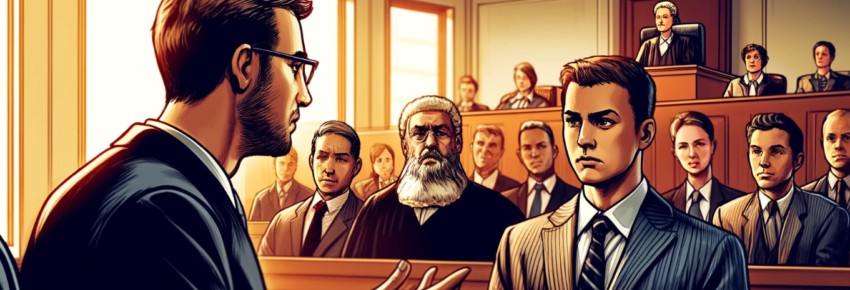 illustration of an intense moment in a courtroom during a cross-examination. The image captures the lawyer questioning a witness on the stand, with both figures prominently displayed under focused lighting.