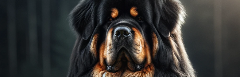 a photographic depiction of a Tibetan Mastiff, presented in a regal and majestic manner.