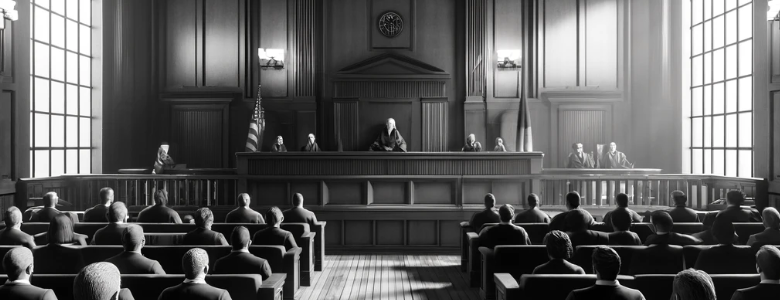 photorealistic black and white image of a courtroom, taken from the back of the room.