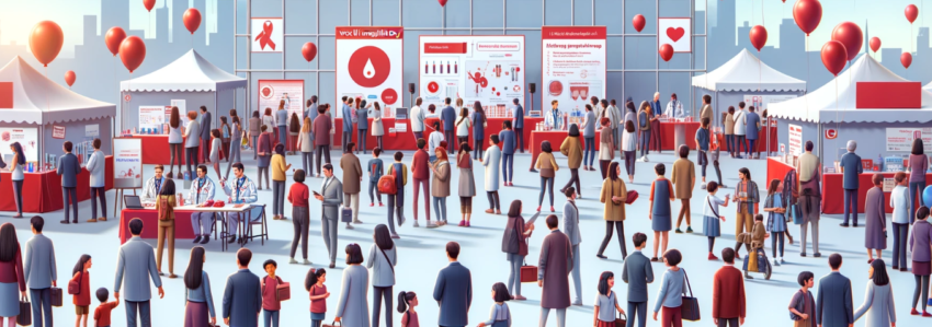 image representing a bustling outdoor event for World Hemophilia Day 2024, with diverse groups of people engaging in educational activities and booths.