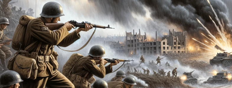 dramatic World War II illustration depicting a battle scene on a European battlefield.