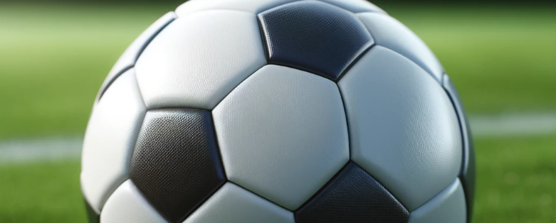 image of a classic black and white soccer ball resting on a lush green field, with a focus on the texture and details of the ball.