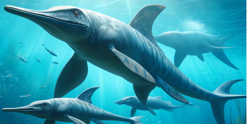 nderwater image of a mother and father Ichthyosaur swimming with their two babies in the ocean.