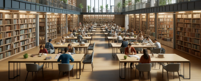 image of a library full of books with people sitting at tables and reading.