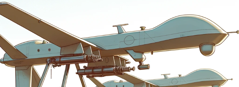 The illustration depicts a row of four sleek, military drones mounted on simple, metallic launch stands, poised under a clear sky in a desert setting.