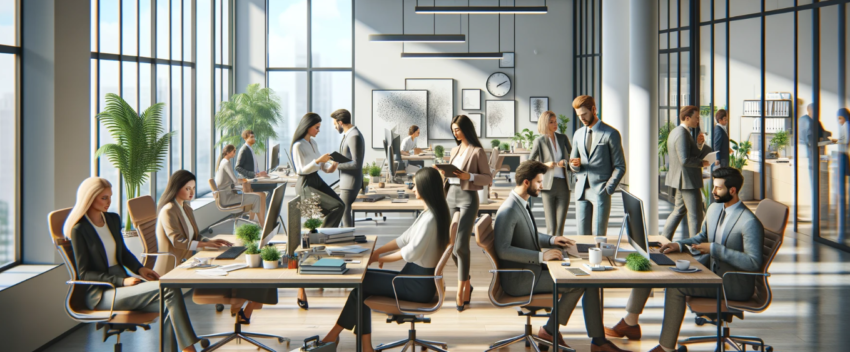 image depicting a realistic office setting with a diverse group of professionals engaging in discussions and working on computers.