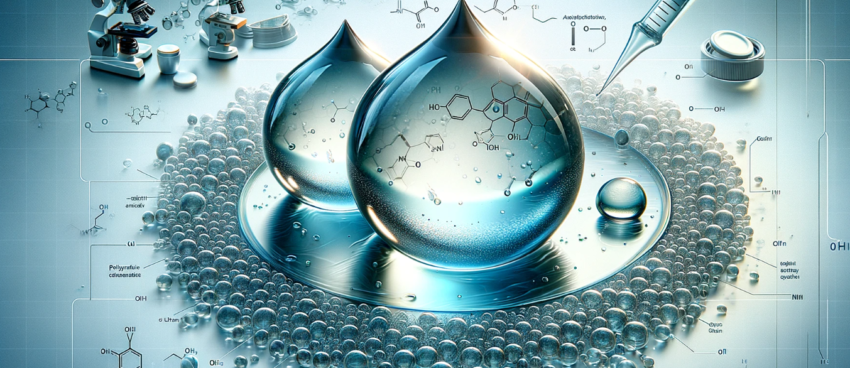The image features water droplets stabilized in oil without surfactants, accompanied by scientific instruments like a micropipette and NMR equipment, set in a laboratory-themed color palette.