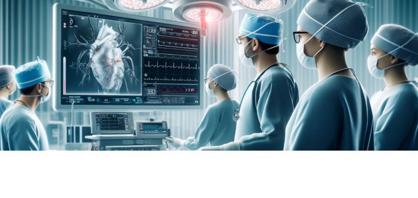 illustration of a high-tech operation theater with a medical team focused on a screen displaying the TAVI procedure.