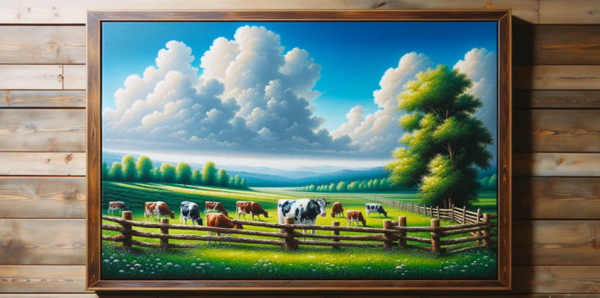 painting of a cow pasture,