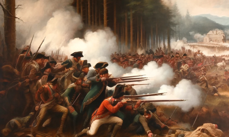image depicting a scene from the Revolutionary War, styled as an 18th-century oil painting.