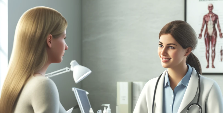 photorealistic image of a female doctor with a female patient in a doctor's office.