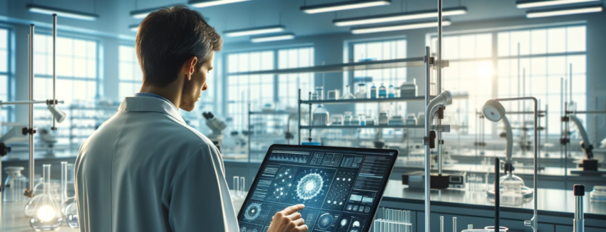 iPad tablet being used in a scientific lab.