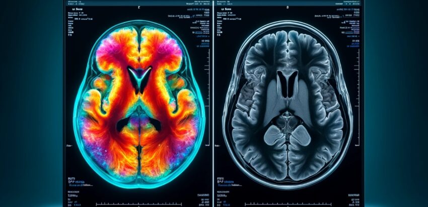 mage depicting a PET scan and a CAT scan of a human brain stem, displayed side by side for comparison. Each scan shows detailed and vibrant colors typical of medical imaging.