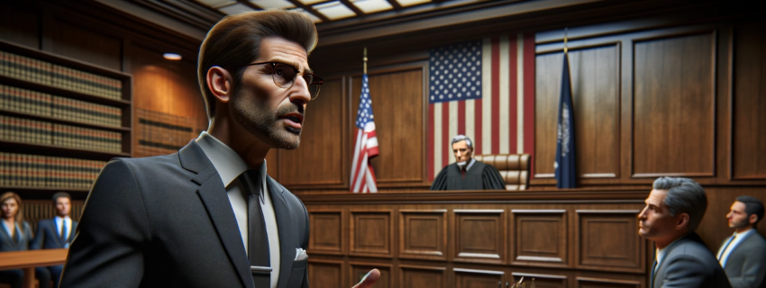 image of a defense attorney pleading the case for a defendant in a courtroom.