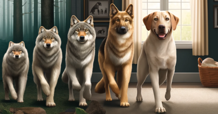 illustration above visualizes the evolutionary transition from a wolf to a modern domestic dog.