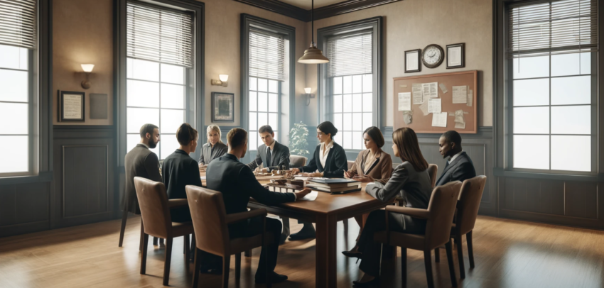 wide-format image of the jury deliberation room, now including a diverse group of six people actively engaged in a discussion. The setting remains serious and contemplative, appropriate for a deliberation environment.