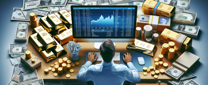 image of a man sitting at a desk with a computer, surrounded by stacks of gold bars, stock certificates, and various currencies from around the world.
