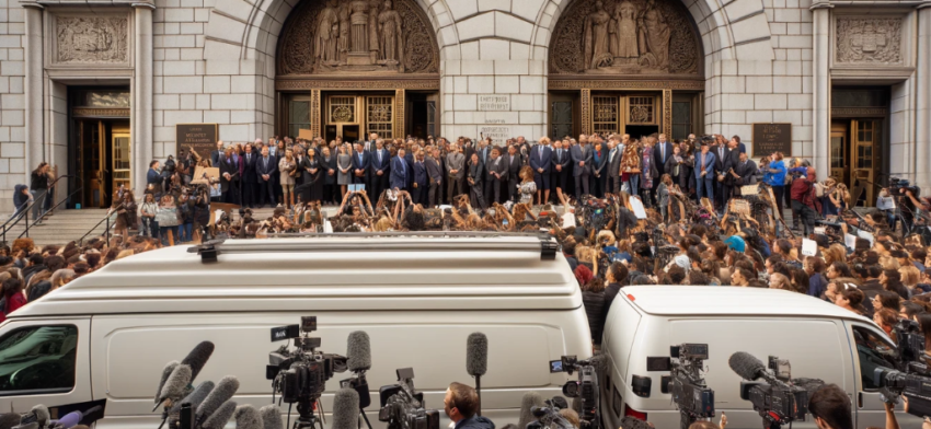 image of a crowd waiting outside the doors of a courthouse with reporters
