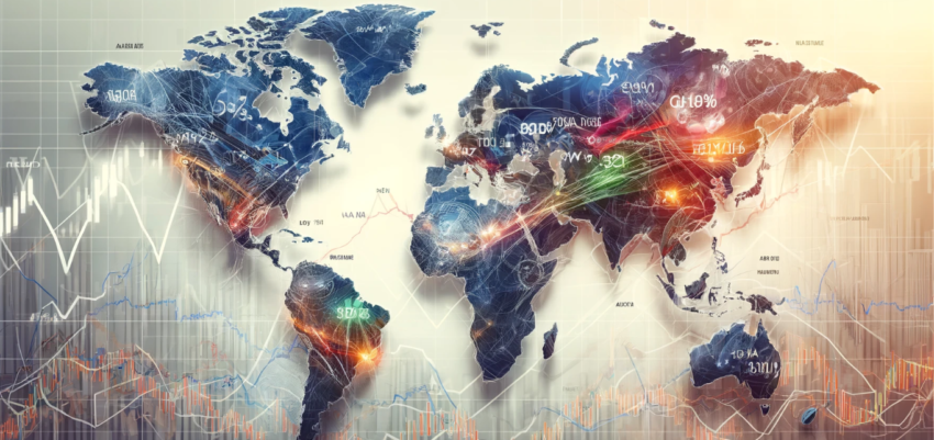 wide-format image based on your prompt—an artistic representation of a world map with superimposed stock market indices from various countries, including the DJIA, NASDAQ, and Nikkei 225.