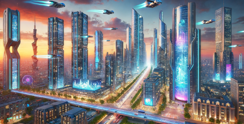 futuristic cityscape with flying cars and buses.