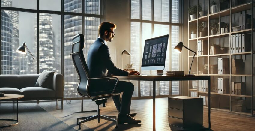 The image shows a man seated in his office, fully focused on his computer screen. Dressed in professional attire, he sits in a modern office chair at a sleek, organized desk. Natural light pours through large windows behind him, offering a clear view of a cityscape, adding a sense of openness and brightness to the room. His hands rest on the keyboard, as he intently studies the glowing screen in front of him.