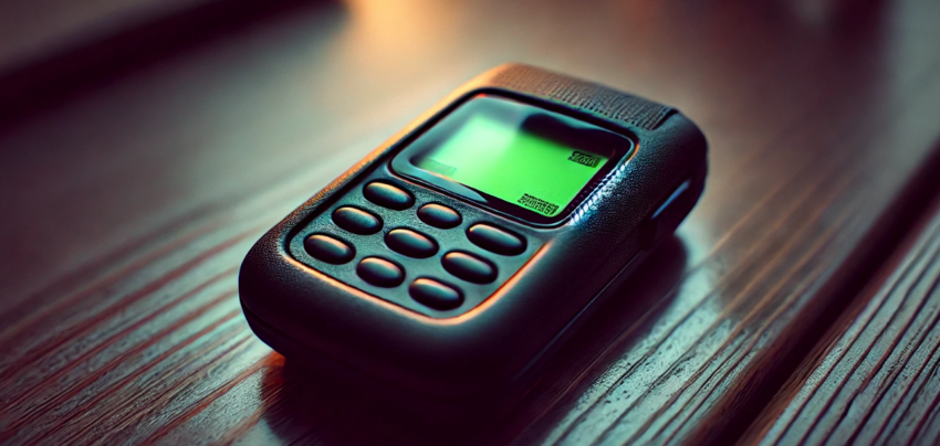 image of a classic pager from the 1990s, resting on a wooden table. Its worn edges and soft backlight bring a nostalgic touch to the scene. Let me know if you'd like any modifications!