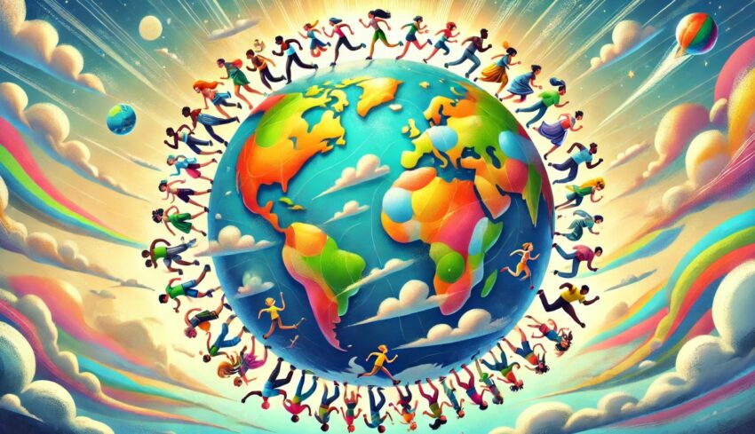 delightful scene where a large, whimsical globe takes center stage. The globe itself is brightly colored, with exaggerated, vibrant green landmasses and swirling blue oceans.