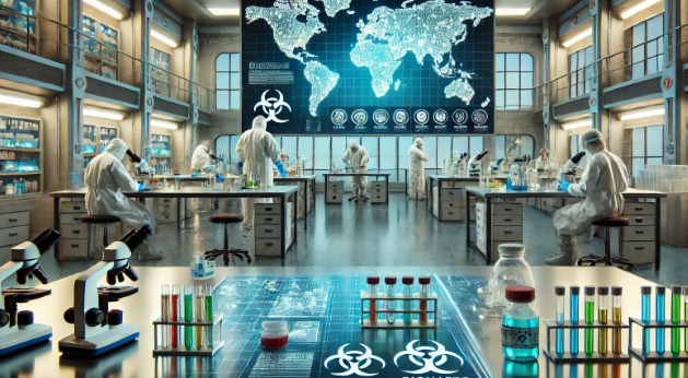 A modern biological lab with scientists in protective gear working on samples. The background features a large screen displaying a world map with highlighted disease surveillance areas. The foreground includes labeled lab equipment such as microscopes and vials, some with biohazard icons, suggesting dual-purpose research.