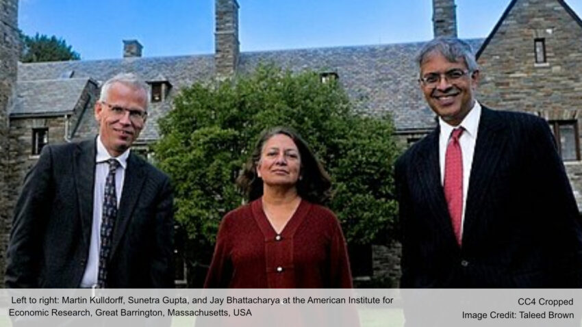 Left to right: Martin Kulldorff, Sunetra Gupta, and Jay Bhattacharya at the American Institute for Economic Research, Great Barrington, Massachusetts, USA
