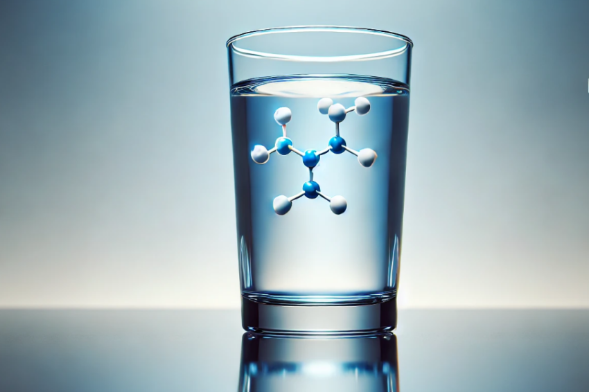 A glass of clear water with a faint blue glow sits on a reflective surface. Inside the glass, subtle molecular structures of fluoride ions are faintly visible, symbolizing fluoride's presence in drinking water. The background is minimal, with a soft gradient of light blue and gray tones, enhancing the sleek, modern feel. The focused lighting highlights the clarity of the water and the faint molecular details, creating a clean, scientific aesthetic.