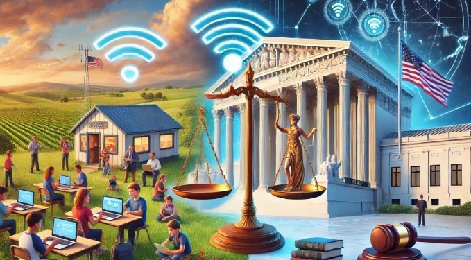 A wide-format illustration showing a rural school on the left with children using laptops and a Wi-Fi router, contrasted with the Supreme Court building on the right. In the middle, a scale balances a glowing Wi-Fi icon and legal documents, symbolizing the relationship between connectivity and federal authority.