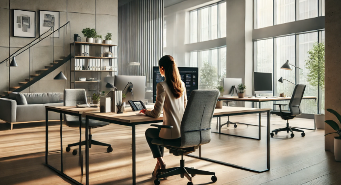 A professional woman in business casual attire working on a computer in a modern office. She is seated at a sleek desk with a large monitor, surrounded by minimalistic decor. The office features natural light from large windows, ergonomic furniture, potted plants, shelves with books and files, and wooden accents. The atmosphere is clean, productive, and inviting.