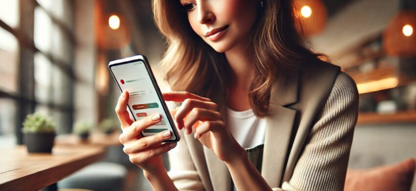 A woman seated indoors, holding a smartphone and browsing the internet with a focused, relaxed expression. She is in a stylish, minimalistic setting with soft, warm lighting, highlighting her casual yet chic attire. The background is slightly blurred to draw attention to her and the smartphone.