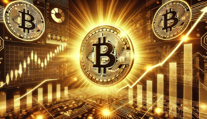 A glowing Bitcoin coin symbol in the foreground surrounded by upward-trending graphs and data visualizations. The background features warm golden tones and circuit-like patterns, symbolizing technology and financial growth.